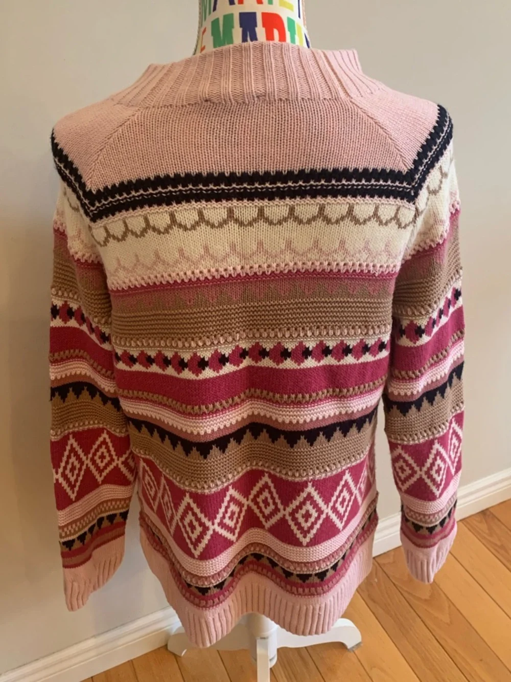 Olsen Pink and Cream Patterned Crewneck Sweater - Picture 4 of 6
